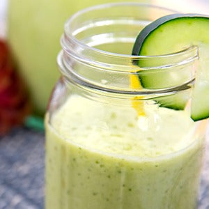 This superfood smoothie contains pineapple, cucumber, and lemon juice.